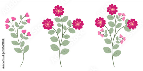 Simple Love Pink Fuchsia Flowers And Green Leaves Collection