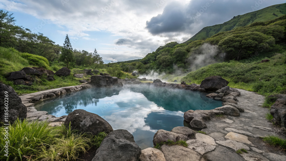 Fototapeta premium Serene thermal spring surrounded by lush greenery and volcanic landscape