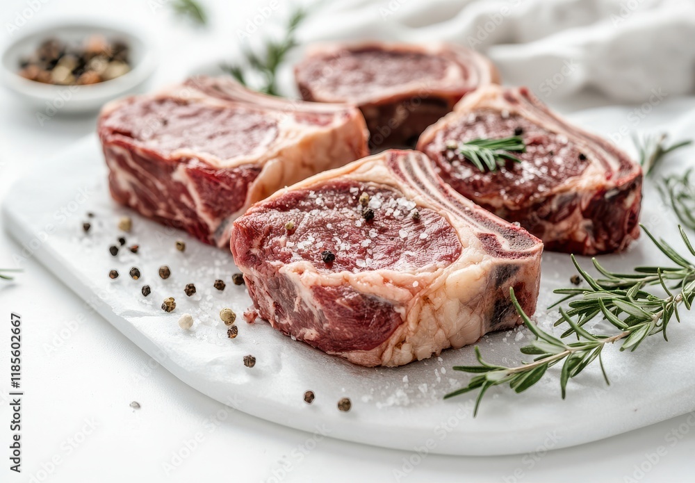Fresh Cuts of Meat on White Marble Board with Rosemary and Spices, Ready for Cooking, Showcasing Juicy Texture and Quality Ingredients for Culinary Use Fresh Cuts of Meat on White Marble Board with Rosemary and Spices, Ready for Cooking, Showcasing Juicy Texture and Quality Ingredients for Culinary Use