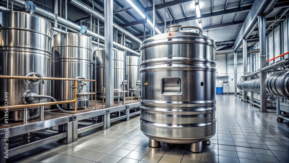 A keg of beer sitting in a brewery with stainless steel equipment and pipes, equipment, brewery, industrial, production A keg of beer sitting in a brewery with stainless steel equipment and pipes, equipment, brewery, industrial, production