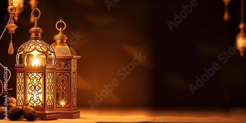 Golden background with dates and arabic lantern for Ramadan and Eid celebration, photo, eid photo