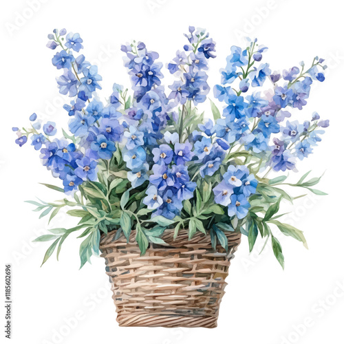 A watercolor illustration of a Delphinium bouquet in a basket, isolated on a white background. Delphinium vector.
