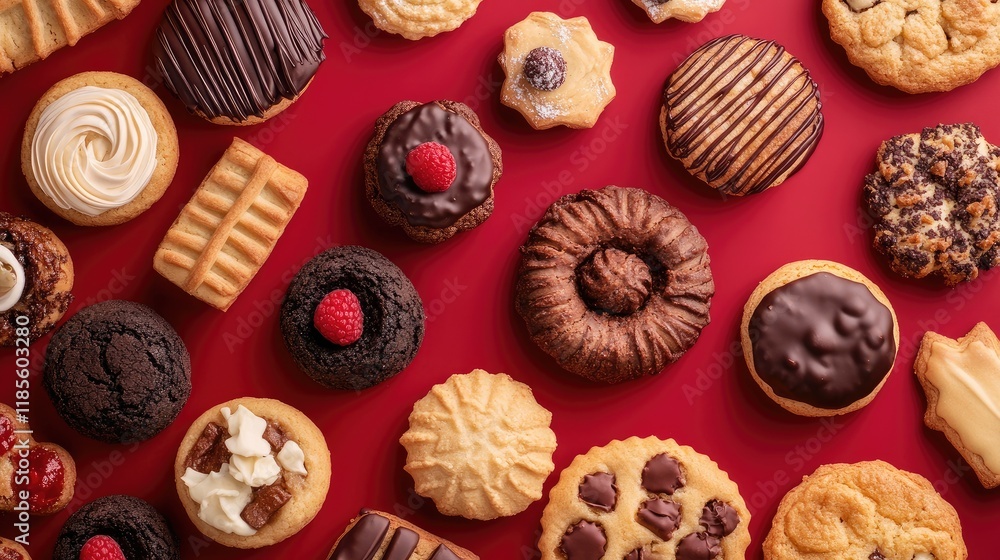 Assorted Freshly Baked Pastries and Cookies Displayed on Vibrant Red Surface Assorted Freshly Baked Pastries and Cookies Displayed on Vibrant Red Surface