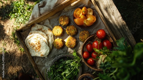 Homemade falafel served with pita bread and colorful fresh vegetables on a rustic wooden table in a natural setting photo