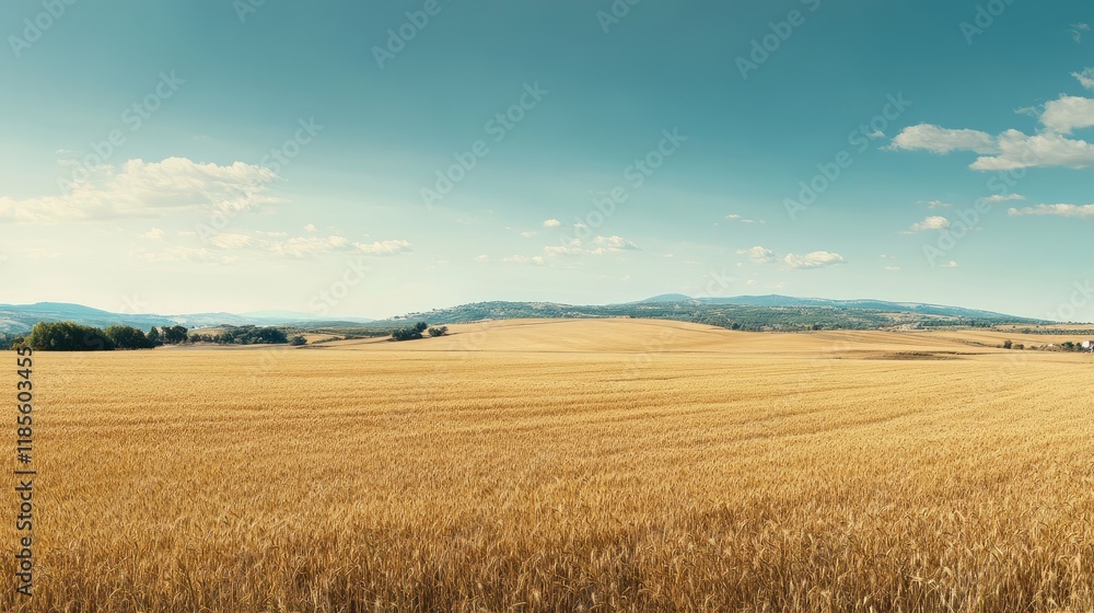 Golden wheat field under blue sky on bright summer day showcasing the beauty of agriculture and nature in rural landscape Golden wheat field under blue sky on bright summer day showcasing the beauty of agriculture and nature in rural landscape