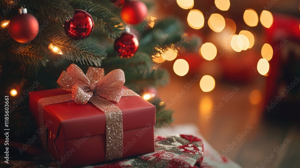 Christmas gift box beside a beautifully adorned tree with twinkling lights and festive decorations creating a warm holiday atmosphere Christmas gift box beside a beautifully adorned tree with twinkling lights and festive decorations creating a warm holiday atmosphere