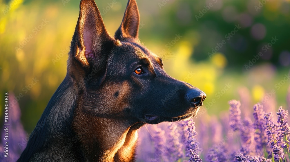 Black and Brown Doberman Dog on Natural Background in Lavender Field with Pricked Ears and Soft Evening Light Black and Brown Doberman Dog on Natural Background in Lavender Field with Pricked Ears and Soft Evening Light