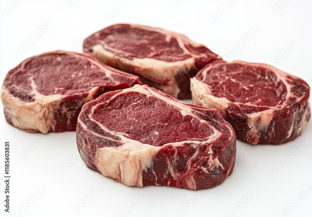 Fresh Cuts of Raw Beef Ribeye Steaks Displayed on a White Background Ready for Cooking or Grilling in a Culinary Setting Fresh Cuts of Raw Beef Ribeye Steaks Displayed on a White Background Ready for Cooking or Grilling in a Culinary Setting