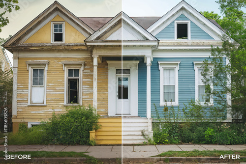 A neglected house exterior before and after painting or restoration