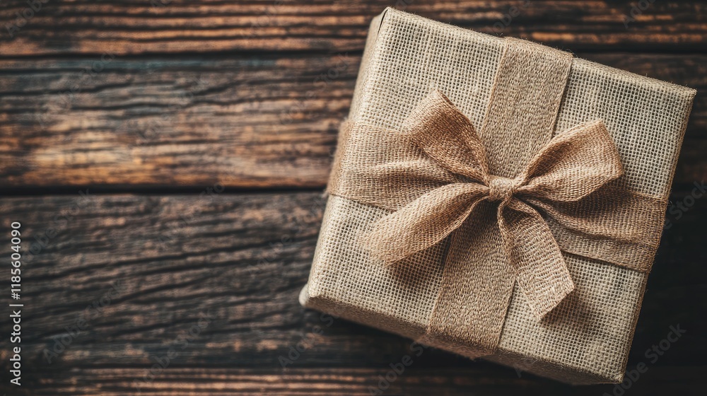 Rustic gift box with burlap ribbon bow on weathered wooden background for holiday or special occasion with empty space for text or design Rustic gift box with burlap ribbon bow on weathered wooden background for holiday or special occasion with empty space for text or design