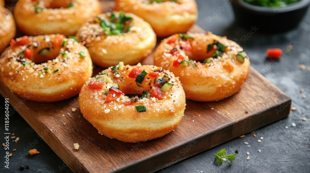 Vegetable filled gourmet doughnuts presented on a rustic wooden board showcasing vibrant toppings and a deliciously appealing texture Vegetable filled gourmet doughnuts presented on a rustic wooden board showcasing vibrant toppings and a deliciously appealing texture