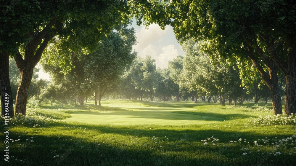 Obraz premium Lush green golf course landscape framed by trees under soft sunlight creating a serene outdoor atmosphere for recreational activities