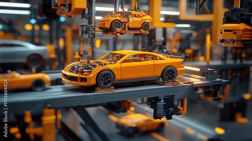 Automated car assembly line with orange toy cars on conveyor belt.