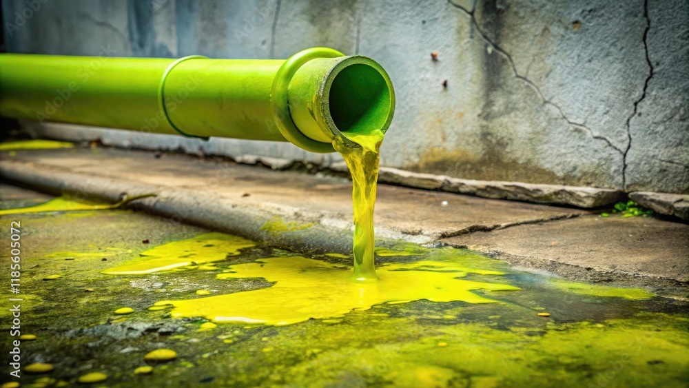 A greenish-yellow liquid drips from a cracked pipe onto a concrete floor background, floor, urban, mess, worn A greenish-yellow liquid drips from a cracked pipe onto a concrete floor background, floor, urban, mess, worn