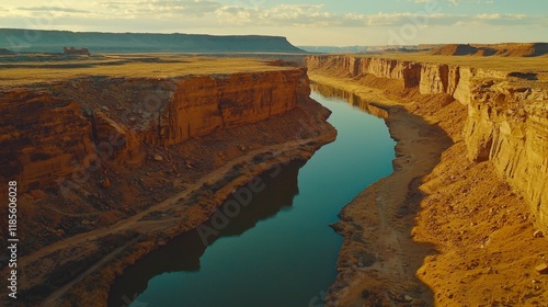 Majestic River Winding Through Arizona s Canyon Landscape at Sunset photo