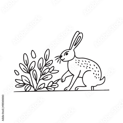 Hare nibbling on leaves near a bush