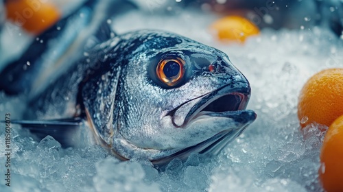 Fresh seafood display with fish on ice and oranges in a restaurant setting showcasing culinary freshness and quality ingredients photo