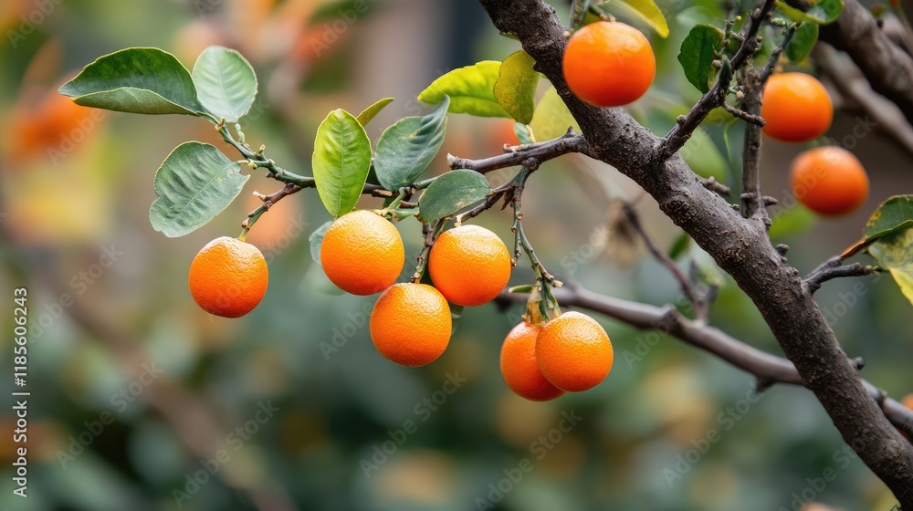Fruit-bearing hardy orange tree with twisted stems and trifoliate leaves showcasing vibrant oranges in a shallow depth of field environment. Fruit-bearing hardy orange tree with twisted stems and trifoliate leaves showcasing vibrant oranges in a shallow depth of field environment.