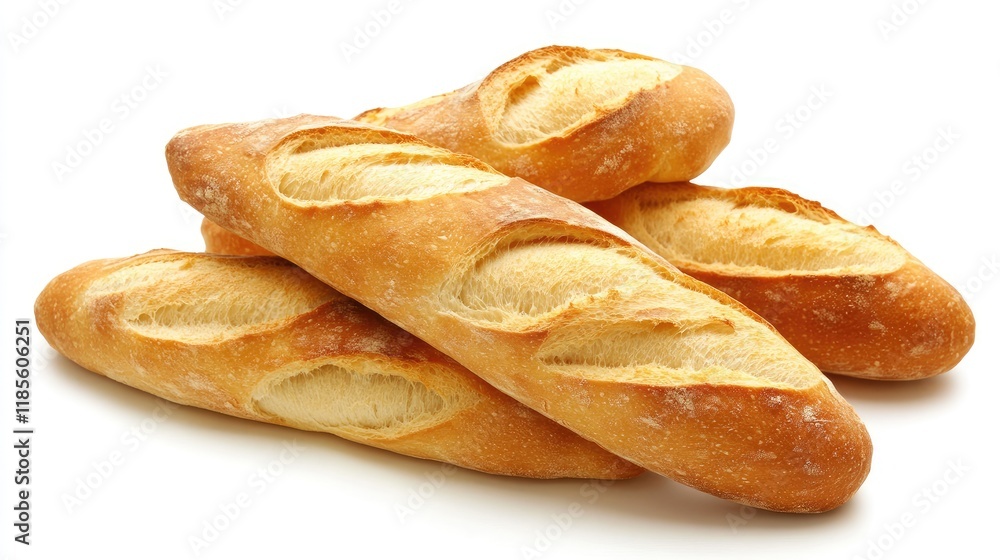 Golden Brown French Baguettes Freshly Baked with Crispy Crust and Artisan Touch on White Background Golden Brown French Baguettes Freshly Baked with Crispy Crust and Artisan Touch on White Background