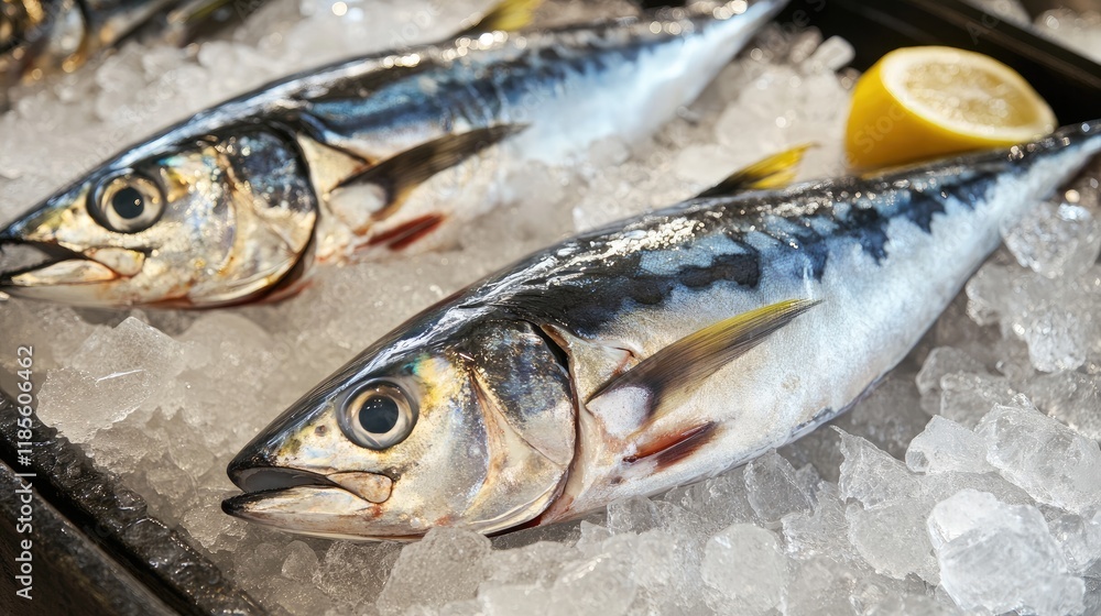 Freshly Caught Fish Displayed on Ice with Lemon Slice at Market Stall Freshly Caught Fish Displayed on Ice with Lemon Slice at Market Stall