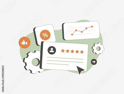 Customer experience illustration with reviews, star ratings, analytics and satisfaction metrics. Ideal for vector concepts like user feedback, client satisfaction and business performance insights