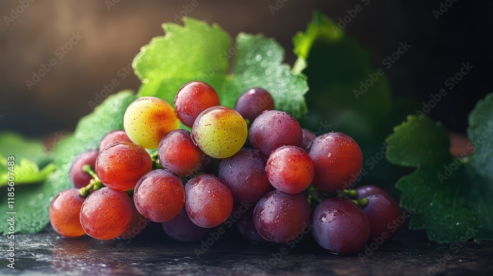 Ripe red grapes with water droplets on a rustic background surrounded by green leaves showcasing fresh produce and healthy eating options Ripe red grapes with water droplets on a rustic background surrounded by green leaves showcasing fresh produce and healthy eating options