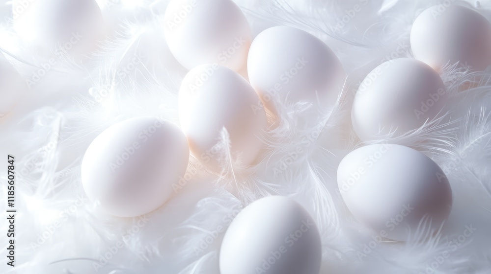 Delicate white eggs nestled on soft feathers creating a serene and fresh composition ideal for culinary or natural themes. Delicate white eggs nestled on soft feathers creating a serene and fresh composition ideal for culinary or natural themes.
