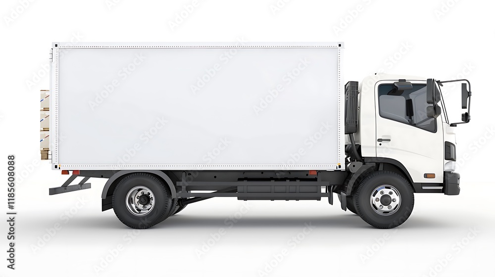 A side view of a white delivery truck with a blank cargo area for branding or loading. A side view of a white delivery truck with a blank cargo area for branding or loading.