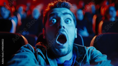 A shocked man in a movie theater, reacting to a thrilling scene.