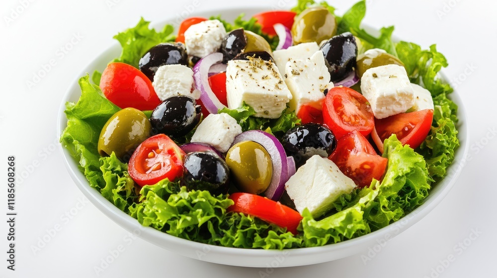Vibrant Greek Salad with Feta Cheese and Olives Served on Crisp Lettuce Isolated on Light Background Vibrant Greek Salad with Feta Cheese and Olives Served on Crisp Lettuce Isolated on Light Background