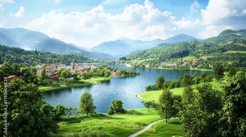 Serene Lakeside Village nestled in Picturesque Mountain Valley Landscape Serene Lakeside Village nestled in Picturesque Mountain Valley Landscape