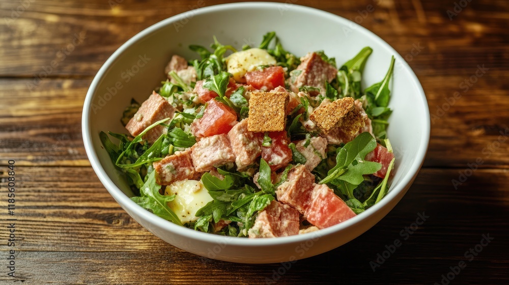 Tuna salad with fresh arugula tomatoes and crackers served in a white bowl on a rustic wooden table background