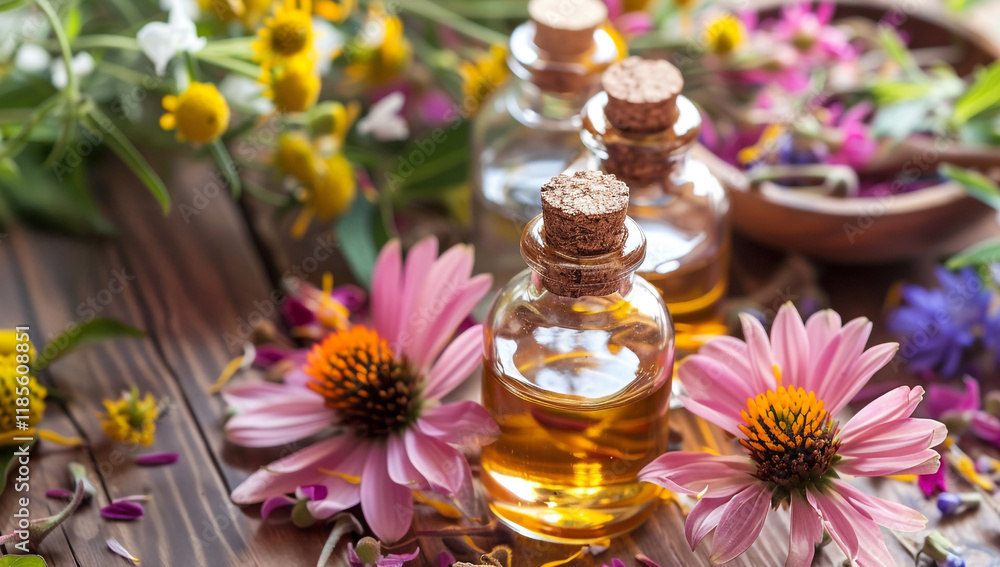 Essential oils with natural extracts in glass bottle surrounded by wildflowers
