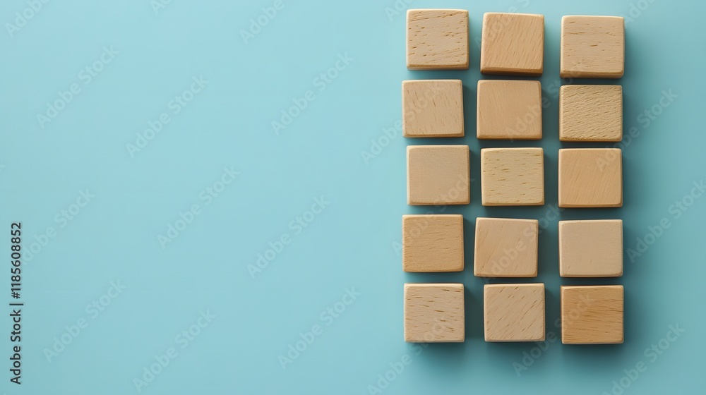 Wooden blocks arranged in a neat vertical row on blue background Wooden blocks arranged in a neat vertical row on blue background
