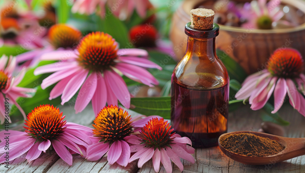 Echinacea flowers with bottle of essential oil and spoon of dried powder Echinacea flowers with bottle of essential oil and spoon of dried powder