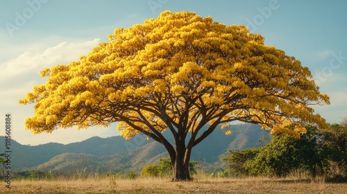 Golden Trumpet Tree in Full Bloom Against a Scenic Mountain Background in Natural Sunlight photo