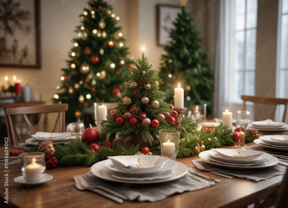 A festive holiday table setting with a Christmas tree centerpiece, Christmas decorations, Christmas celebration A festive holiday table setting with a Christmas tree centerpiece, Christmas decorations, Christmas celebration