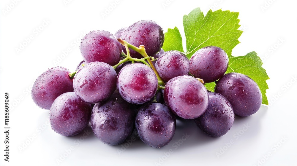 Richly colored grapes with water droplets on them, arranged artfully on a bright white background, showcasing their freshness and vibrancy. Richly colored grapes with water droplets on them, arranged artfully on a bright white background, showcasing their freshness and vibrancy.