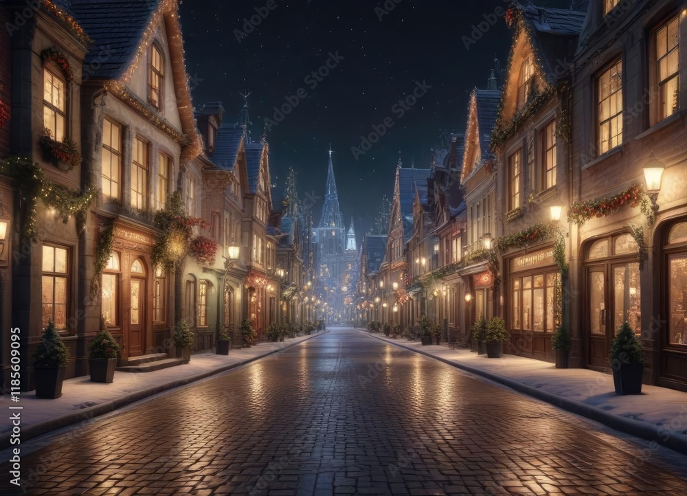 Fototapeta premium A festive Christmas village with glittering buildings and sparkling streets, holiday village, glittering village