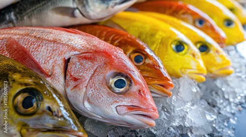 Colorful fresh fish heads displayed on ice in a seafood market showcasing variety and freshness of ocean catch. photo