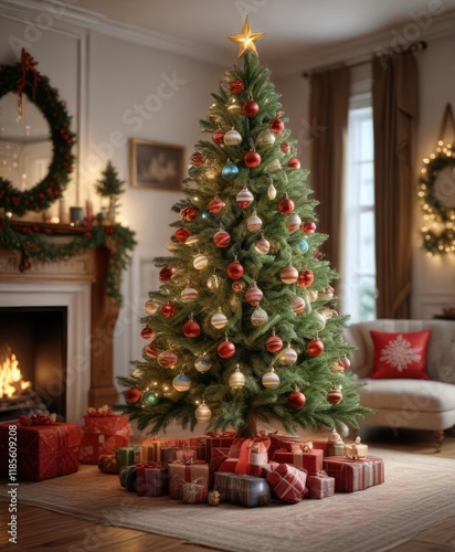 A festive Christmas tree with ornaments in a beautifully decorated living room , gifts, tree, festive