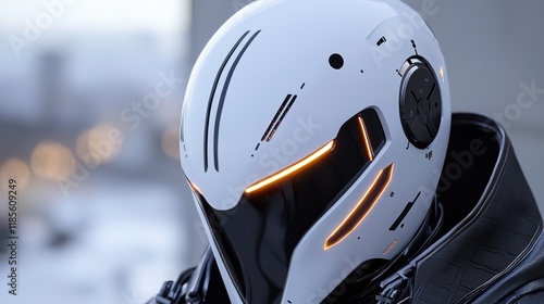 a futuristic helmet with glowing eyes photo