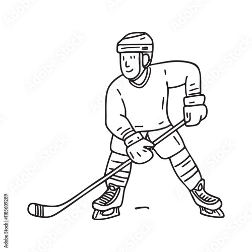 Ice hockey player holding a stick, poised for a face-off