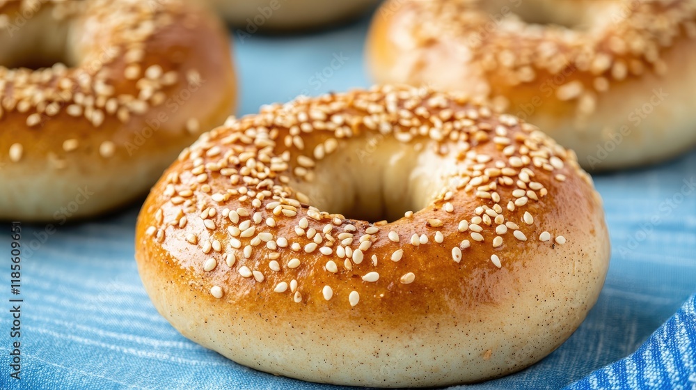 Whole Grain Bagel Topped with Sesame Seeds on Blue Fabric Surface Freshly Baked Artisan Bread Delicious Breakfast Option Whole Grain Bagel Topped with Sesame Seeds on Blue Fabric Surface Freshly Baked Artisan Bread Delicious Breakfast Option
