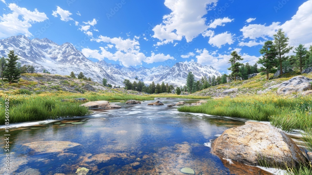 Fototapeta premium Serene Mountain River Landscape Pristine Nature Snow Capped Peaks Sunny Day