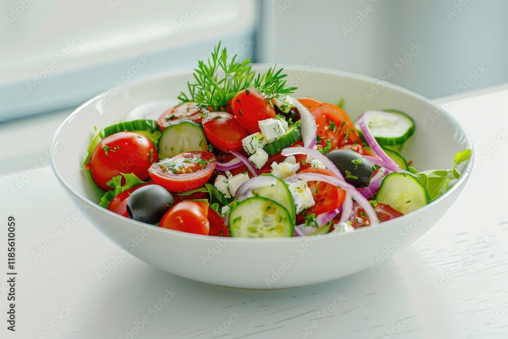 Clear Pixel Visual of Fresh Greek Salad on White Table, Ai Generated Clear Pixel Visual of Fresh Greek Salad on White Table, Ai Generated
