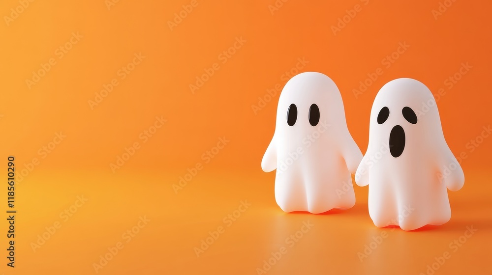 Ghost shaped lamps on orange backdrop minimalistic design for Halloween themed advertising and creative layouts with empty space for text Ghost shaped lamps on orange backdrop minimalistic design for Halloween themed advertising and creative layouts with empty space for text