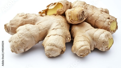 fresh ginger root arranged on white background showcasing organic spices and healthy ingredients for cooking and natural remedies photo