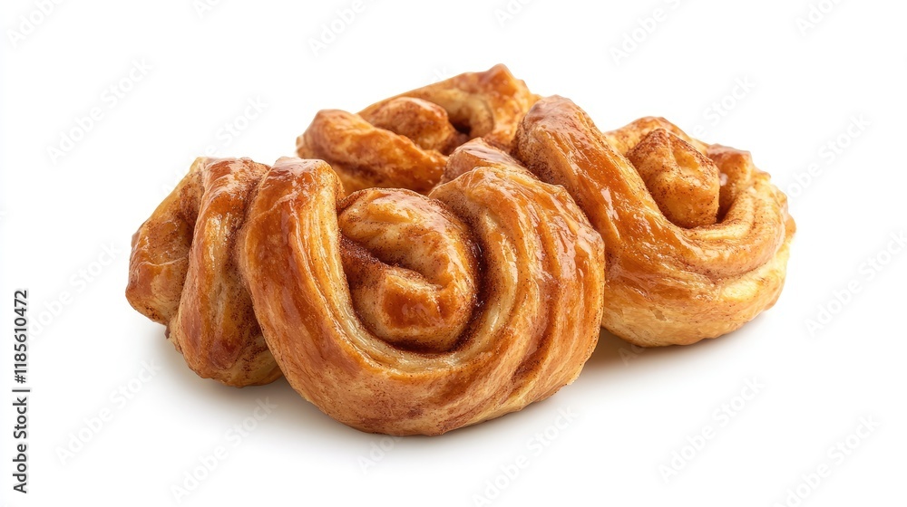 Freshly baked cinnamon rolls arranged on a white background showcasing their golden brown texture and swirled design. Freshly baked cinnamon rolls arranged on a white background showcasing their golden brown texture and swirled design.