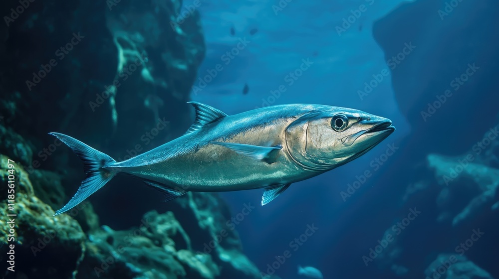Fototapeta premium Greater Amberjack Gliding Through Clear Underwater Habitat Amidst Rocky Seascape
